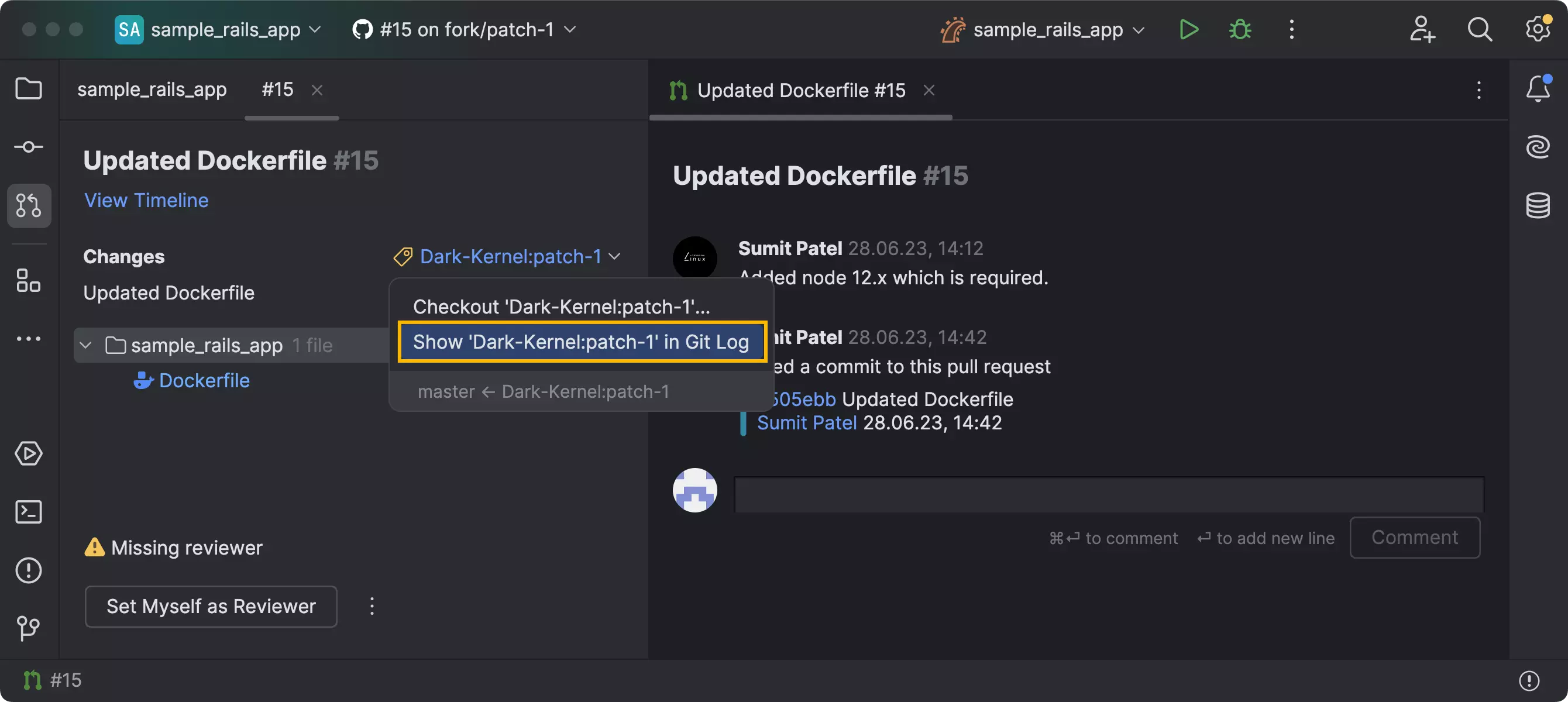 Review branch changes in the Log tab