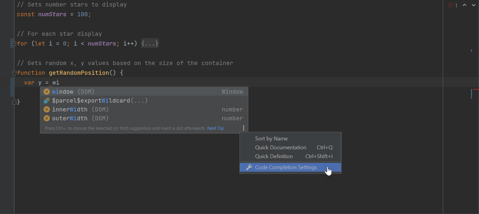 Faster access to code completion settings