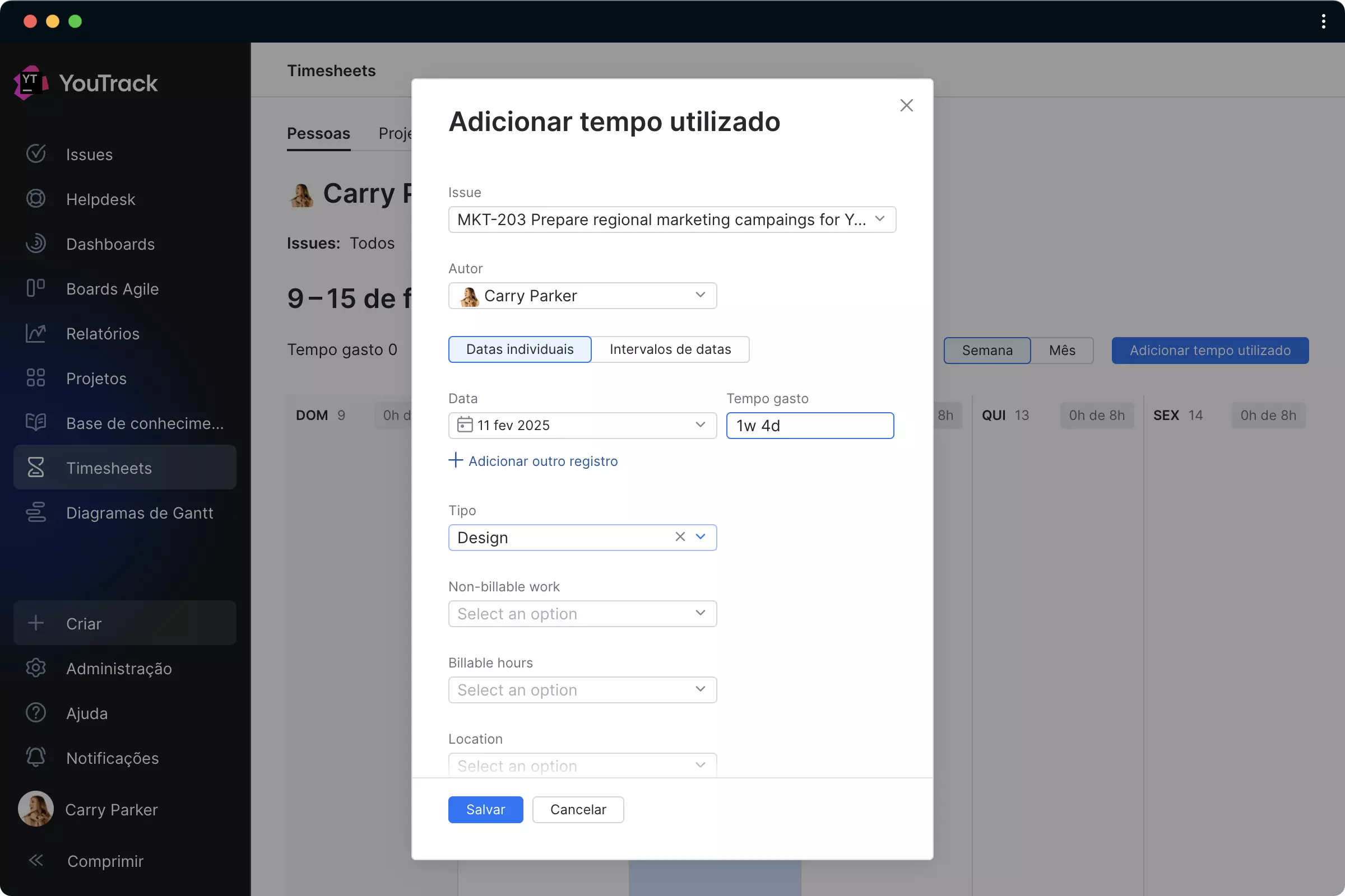 Criação de entradas de tempo manualmente