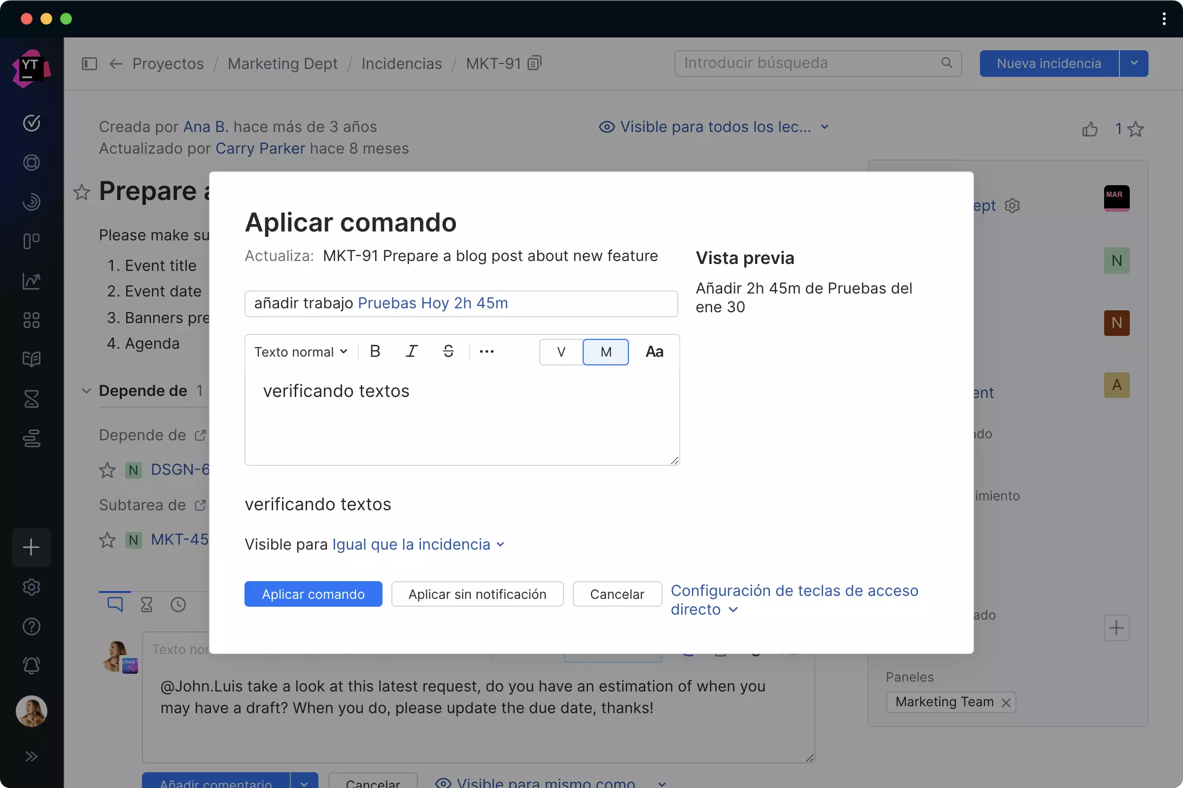 Utilizar comandos inteligentes para crear entradas de tiempo