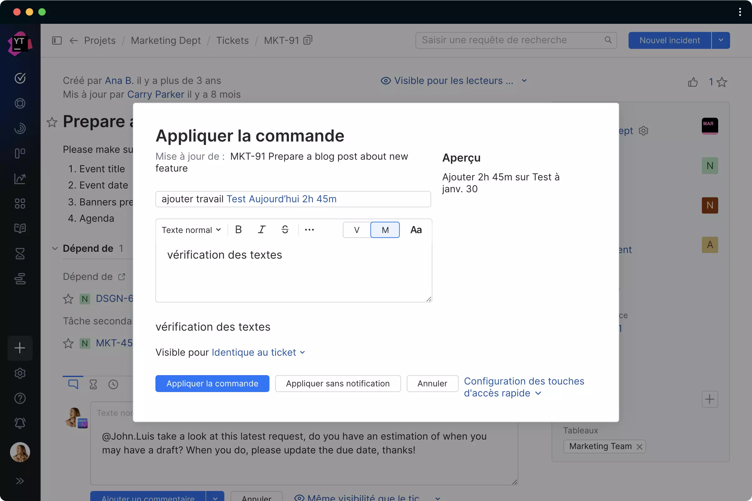Utiliser des commandes intelligentes pour créer des entrées de temps
