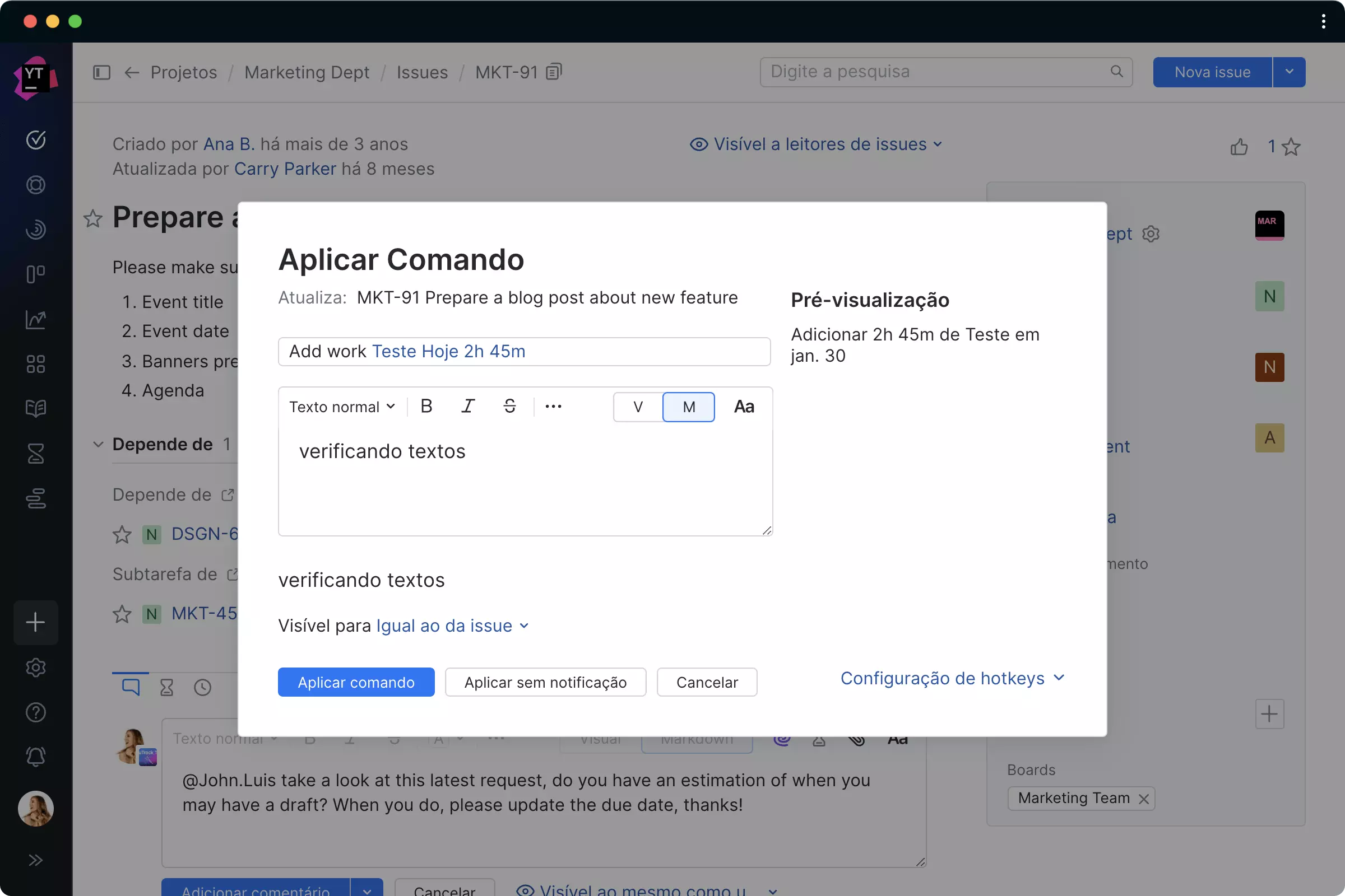 Uso de comandos inteligentes para criar entradas de tempo
