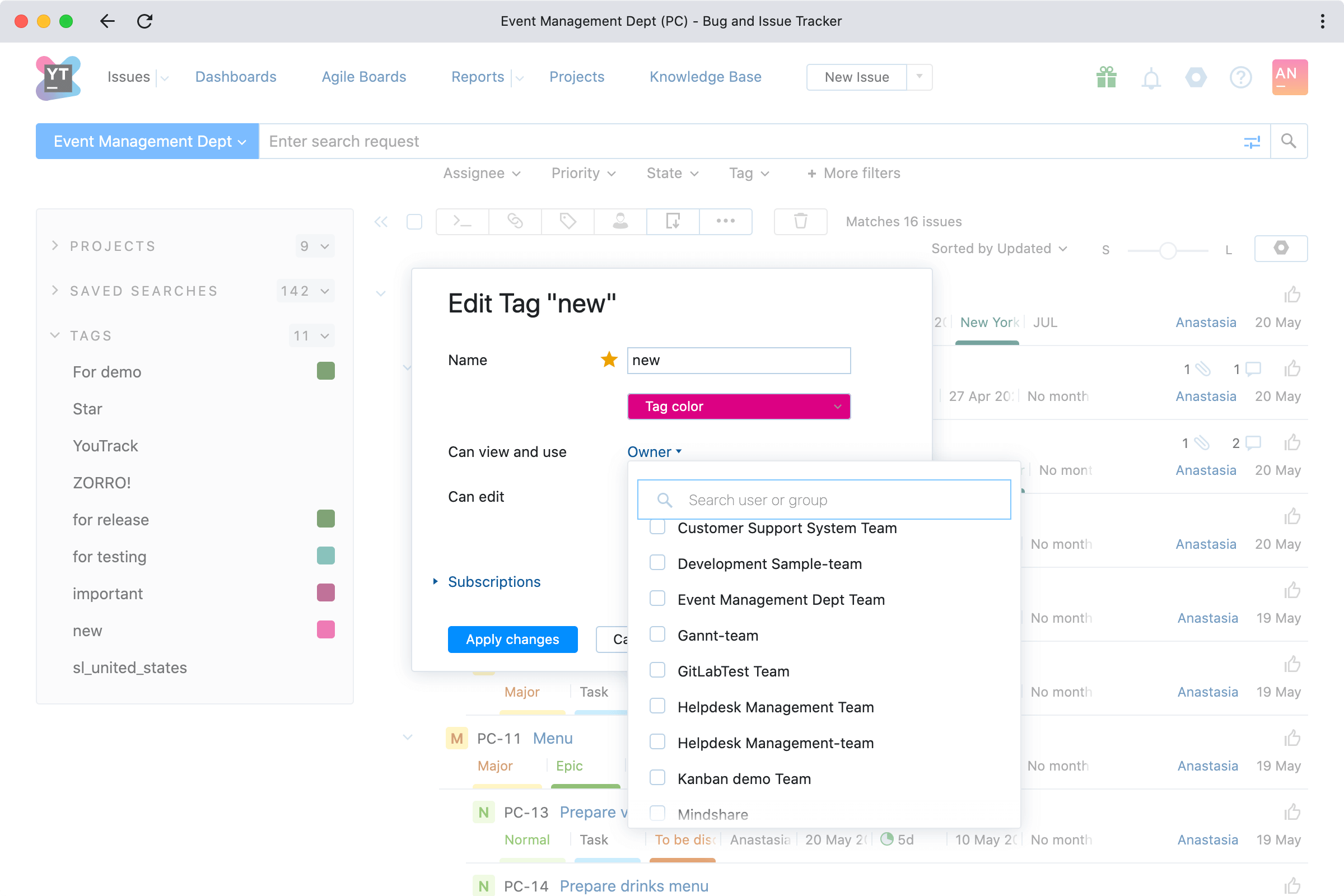 Fine-grained sharing options for tags, saved searches, Agile boards, and reports
