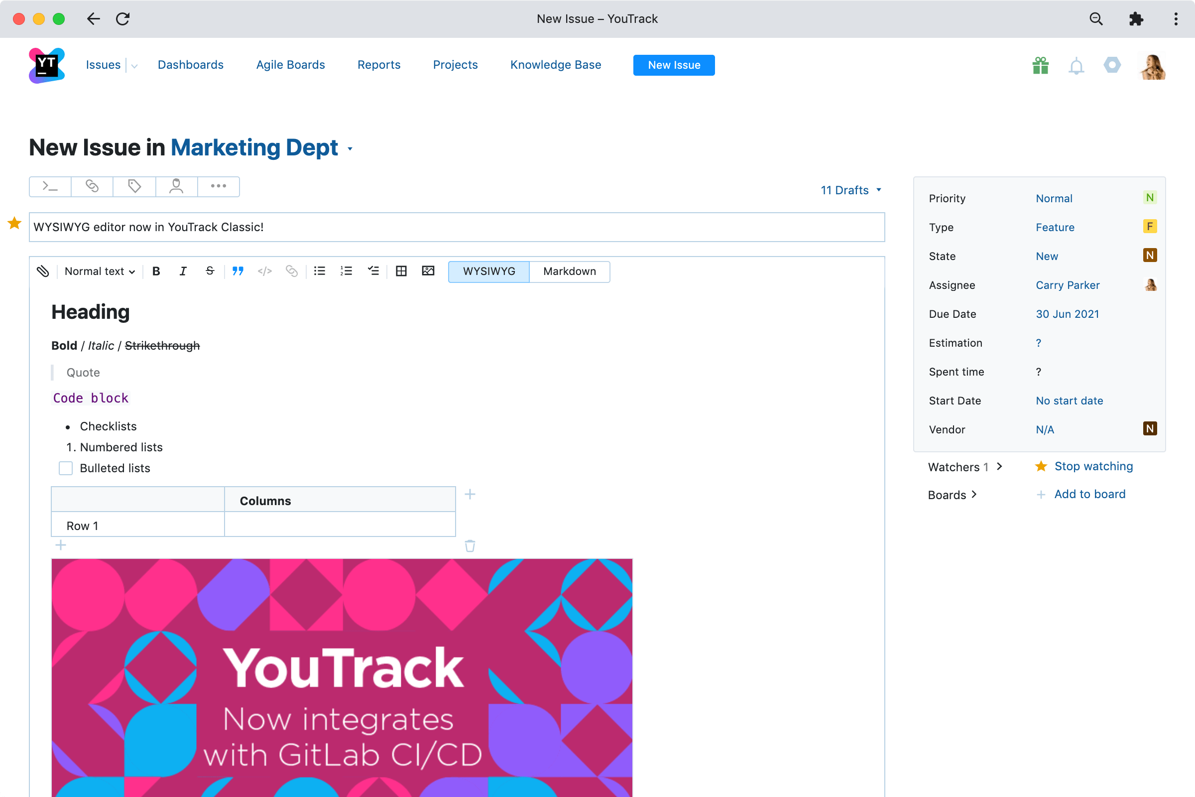 Rich-text formatting for YouTrack Classic