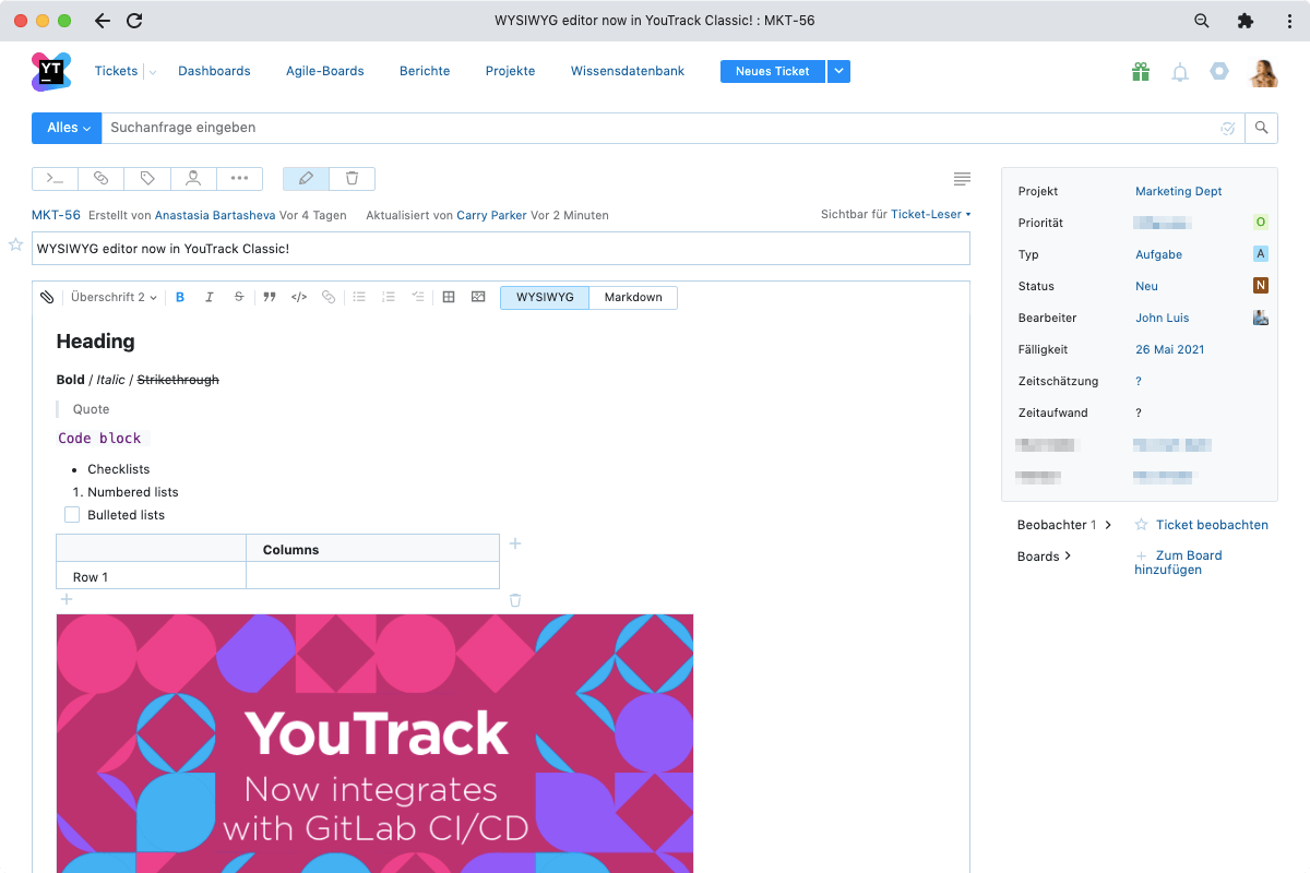 Rich-Text-Formatierung in YouTrack Classic