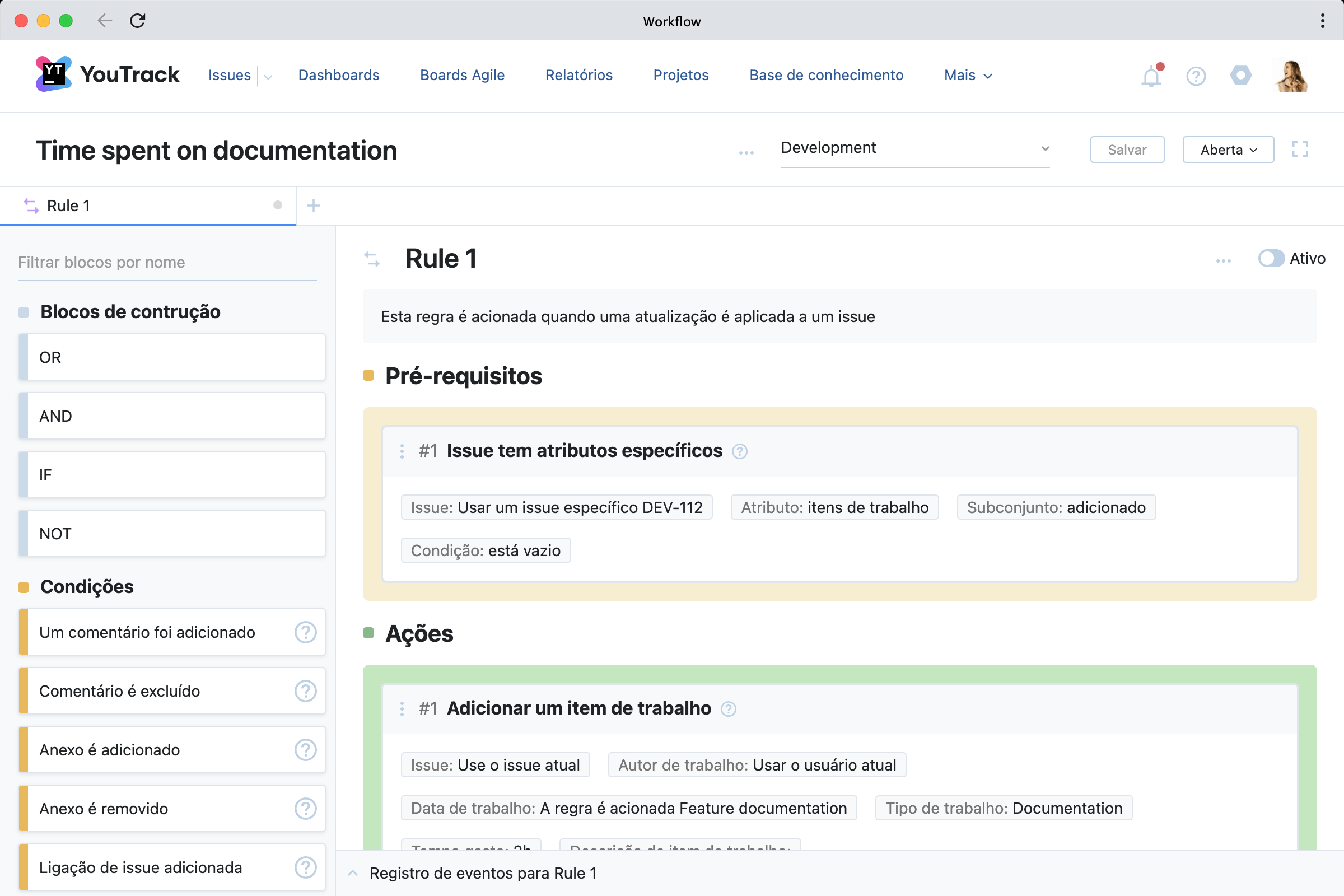 Entrada do usuário em regras de ação