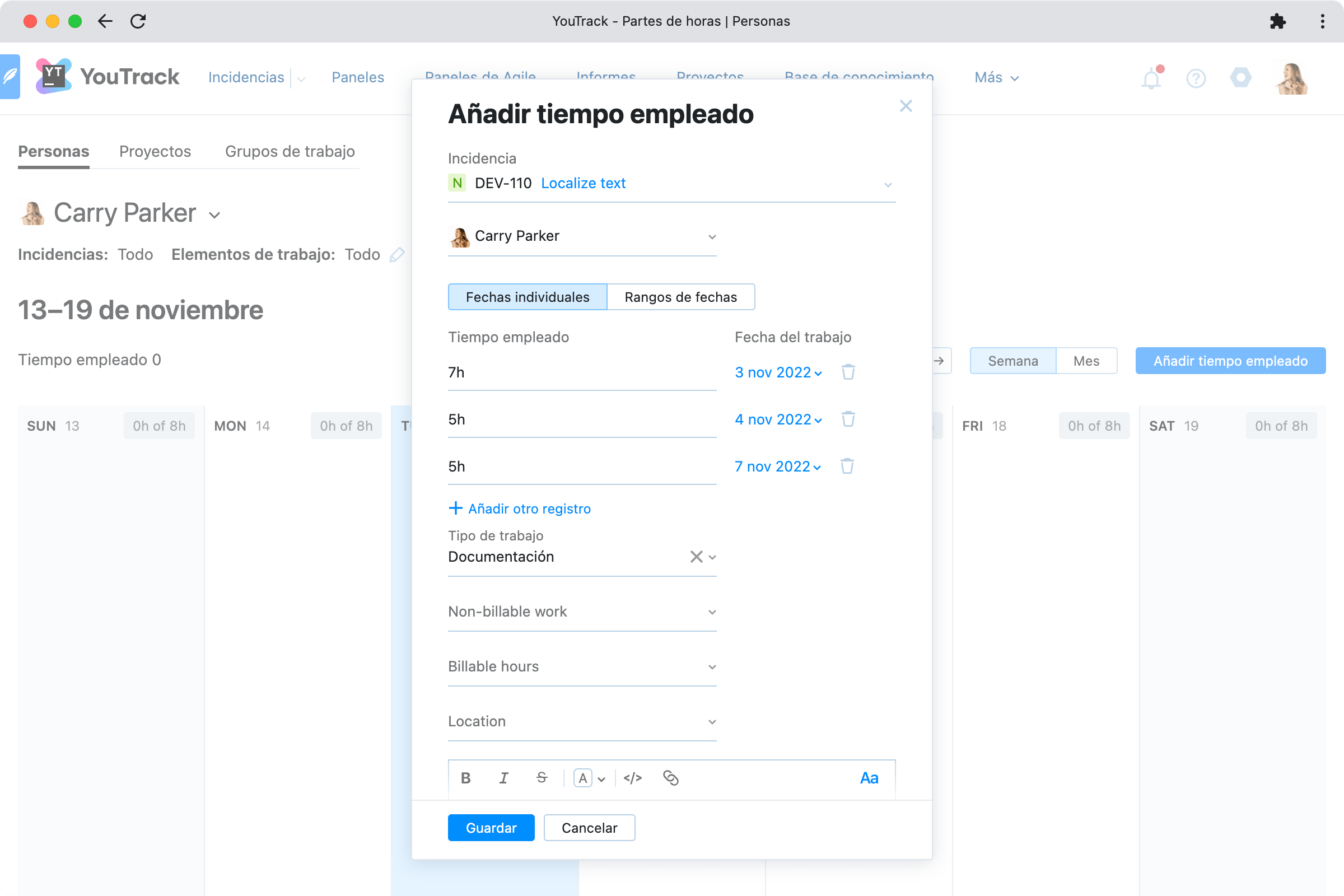 Entrada de datos multirregistro para los partes de horas