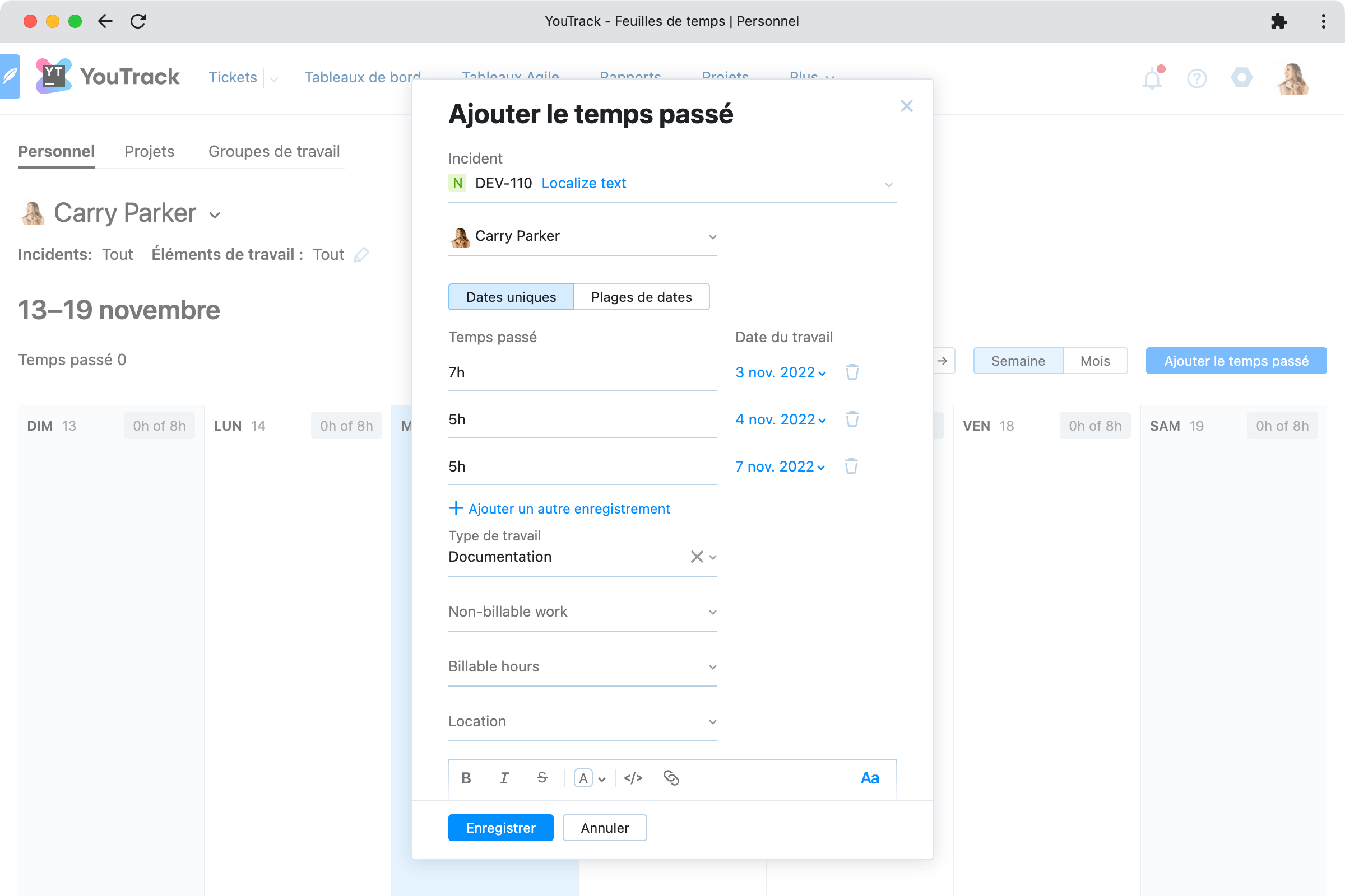 Saisie de données multi-enregistrement pour les feuilles de temps