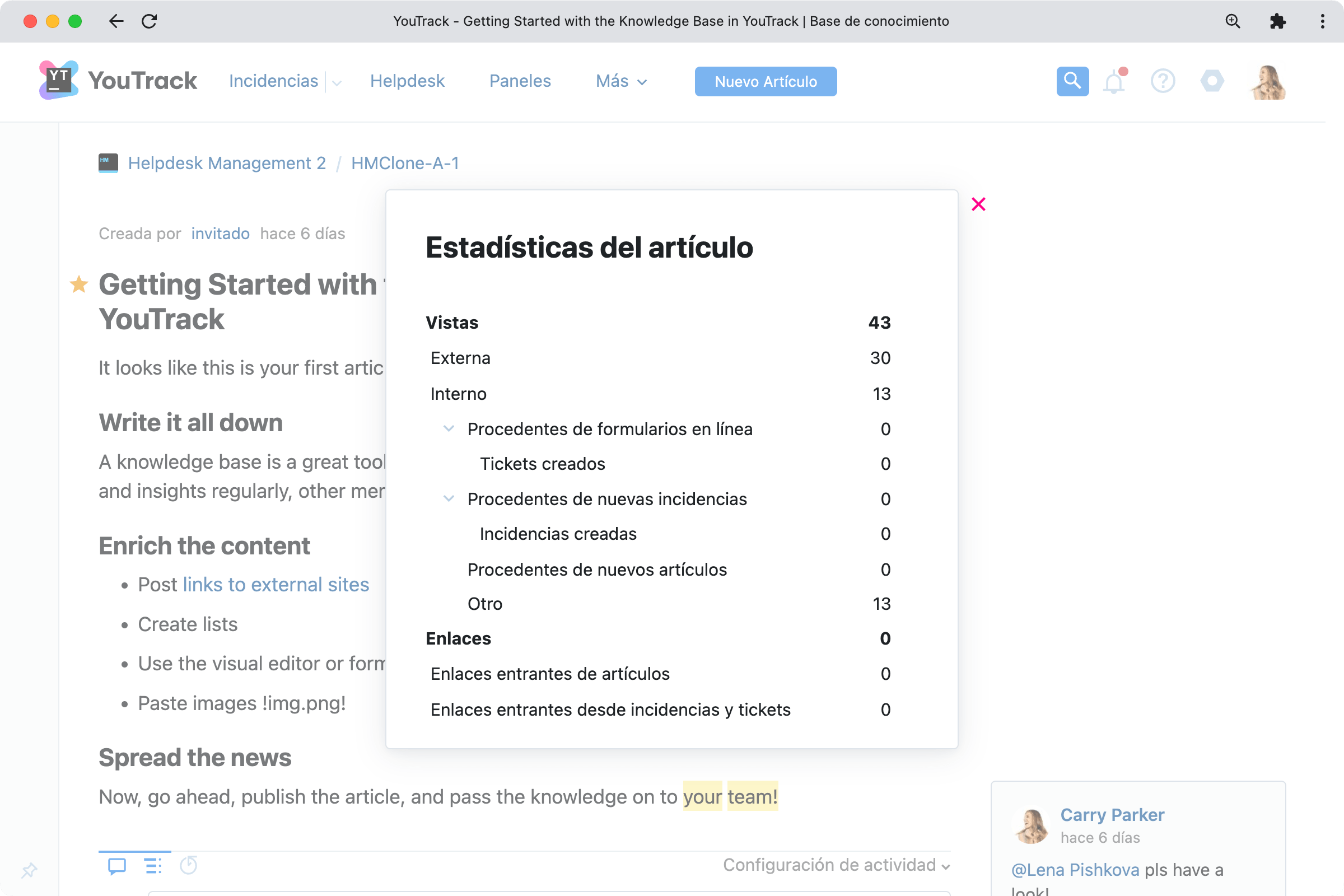 Ver estadísticas de los artículos