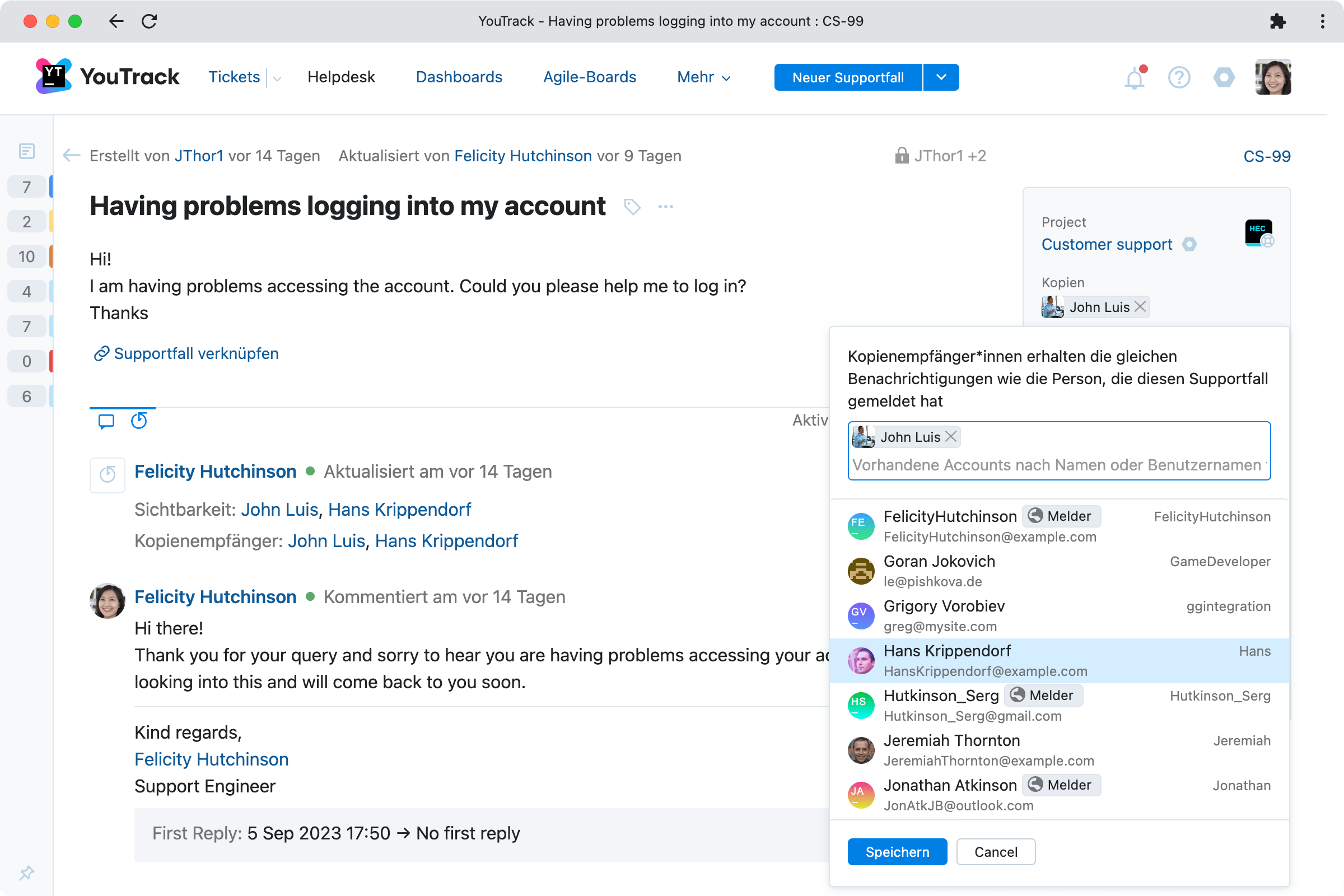Nachrichtenkopien für Supportfälle