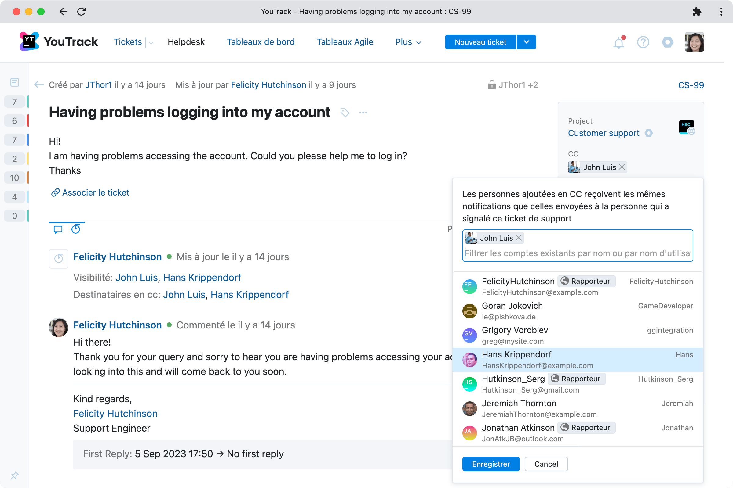 Mettez des parties prenantes en copie dans les tickets