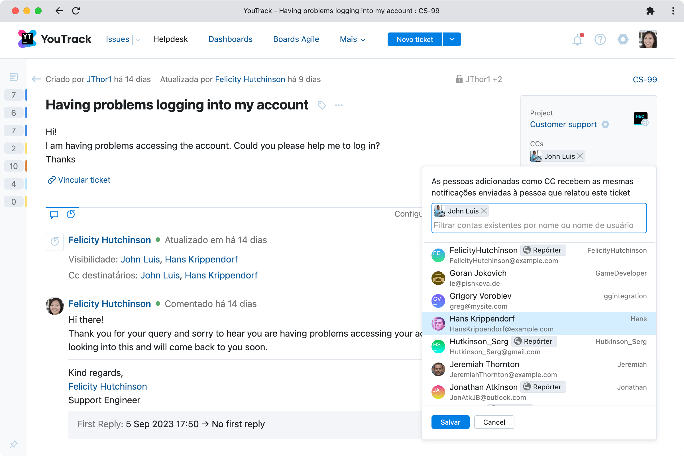 Cópia em CC em tickets para os envolvidos