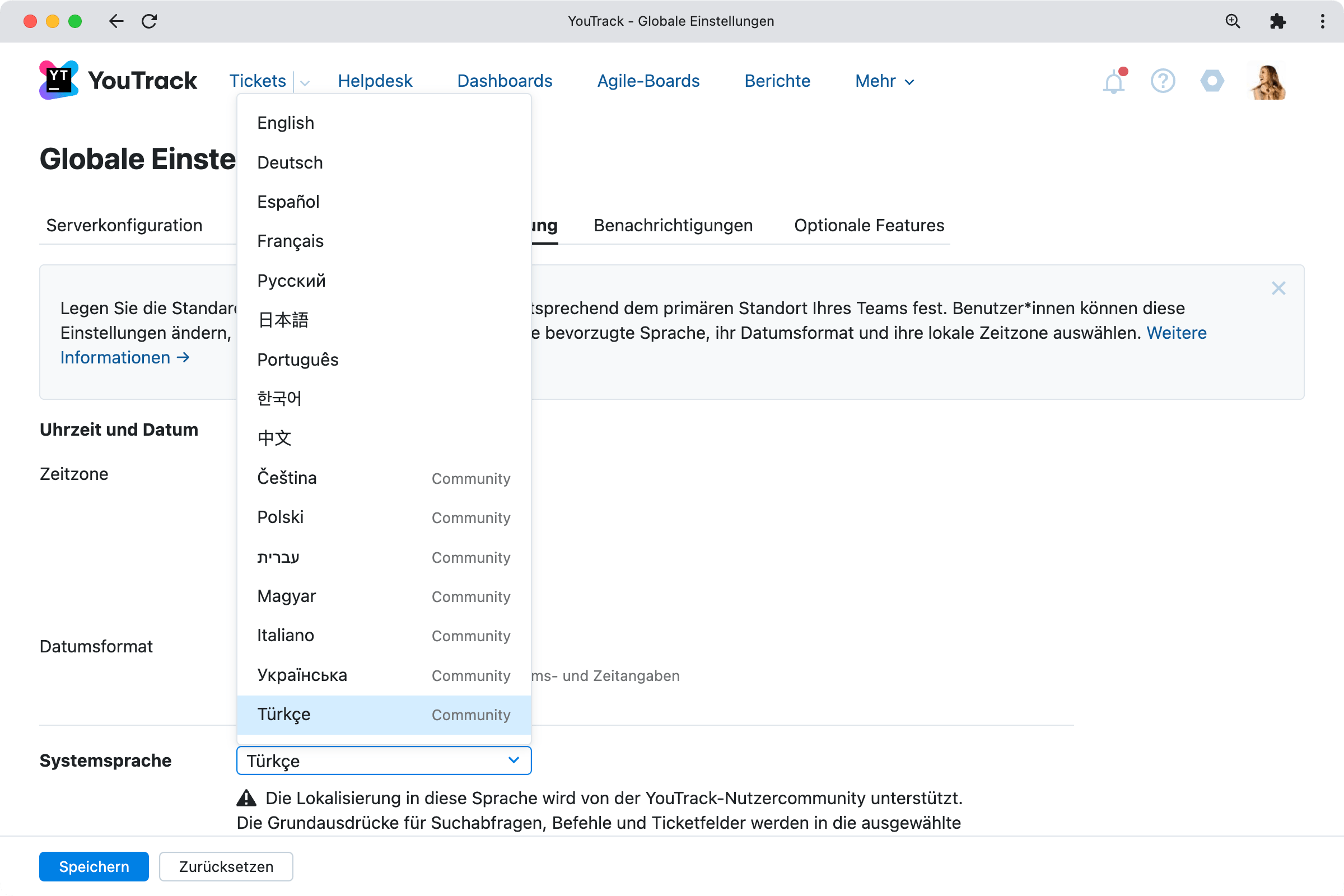 Unterstützung für Türkisch