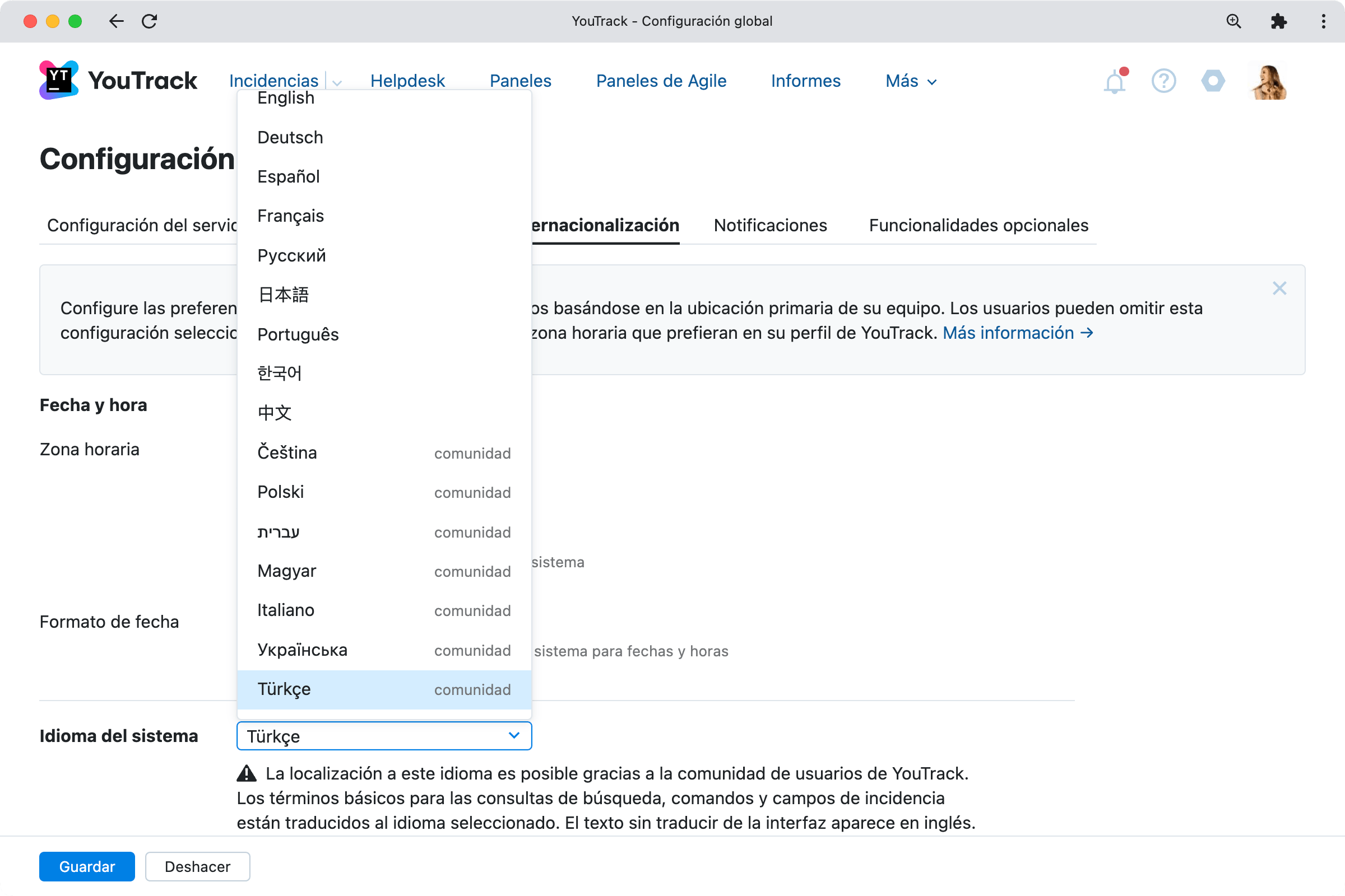 Compatibilidad con el lenguaje turco