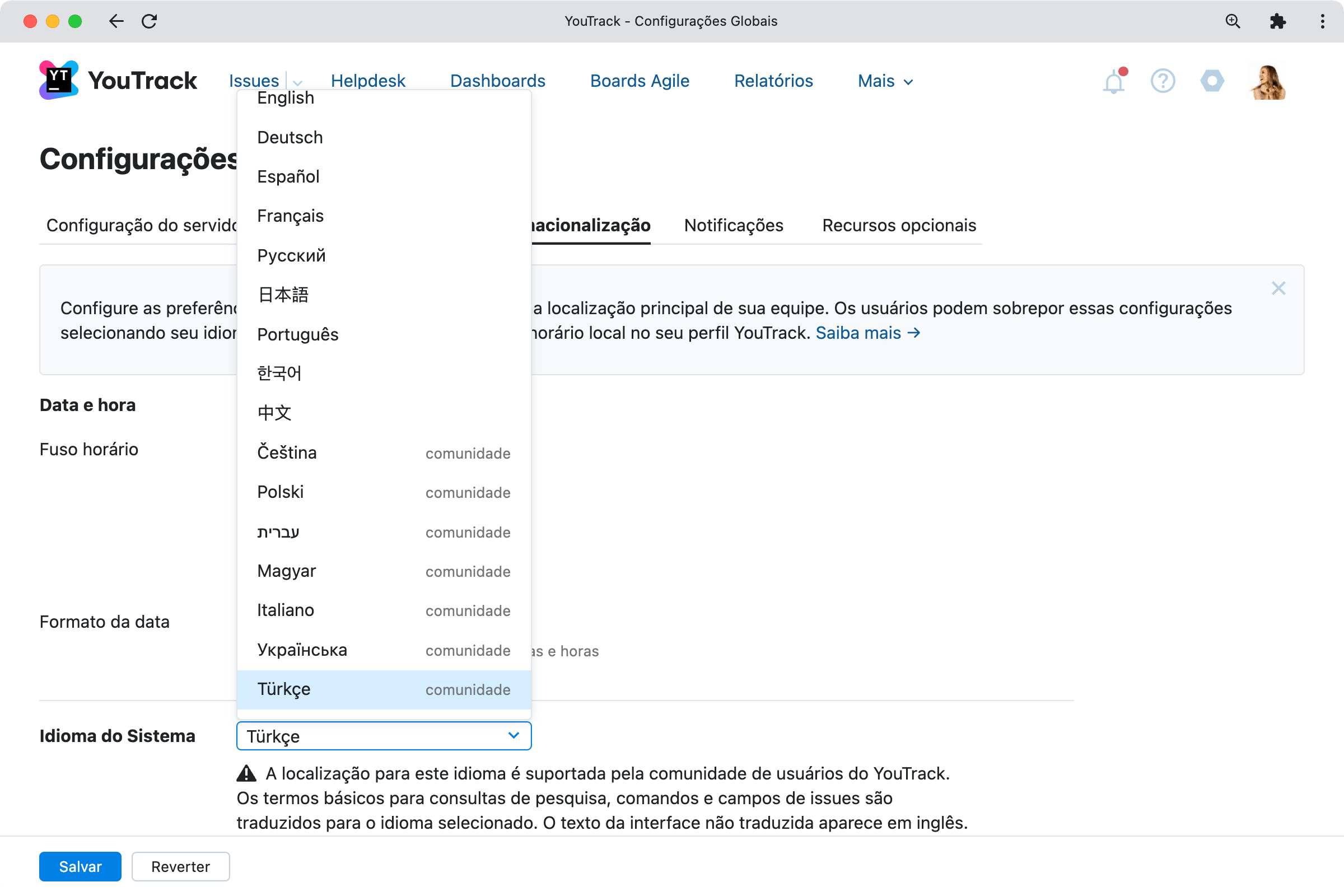 Suporte para o idioma turco